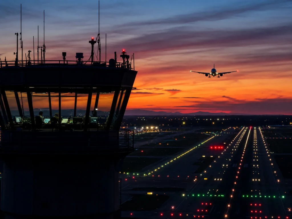 A image of airport tower and landing air plane in the ngiht