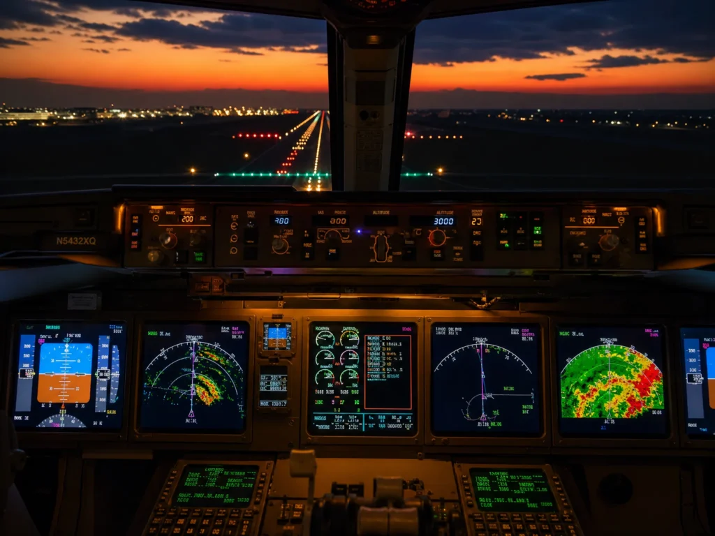 A image of air plane landing on air port at ngiht