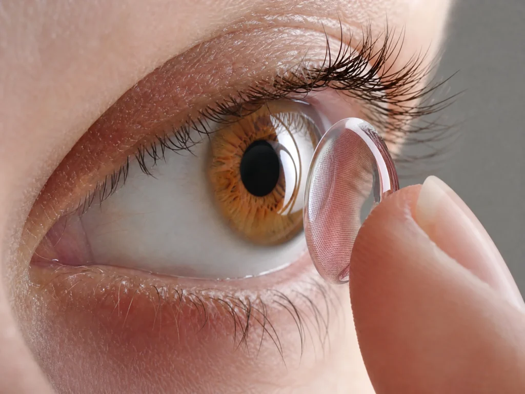 A women put the contact lenses in her eye