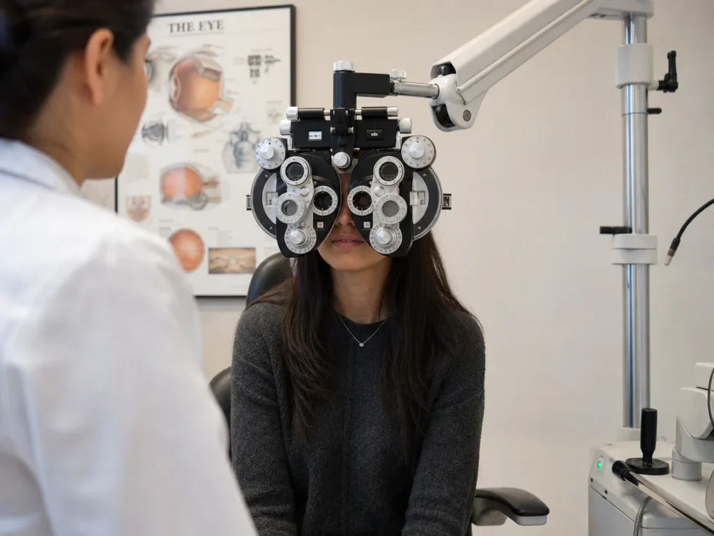 A women take eye vision test