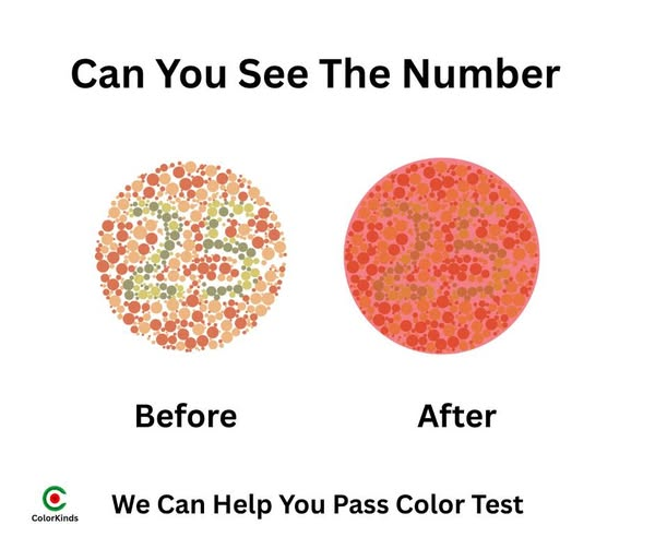 after wearing colorkinds red green colorblind contacts,you will see the number hide in the ishihara test plate