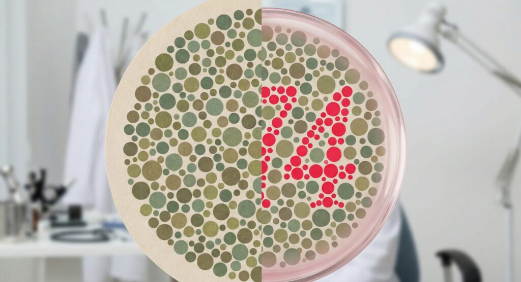 split-screen macro shot of an Ishihara color blindness test plate. On the left side, the circles of green and brown dots appear muted and uniform with no visible number