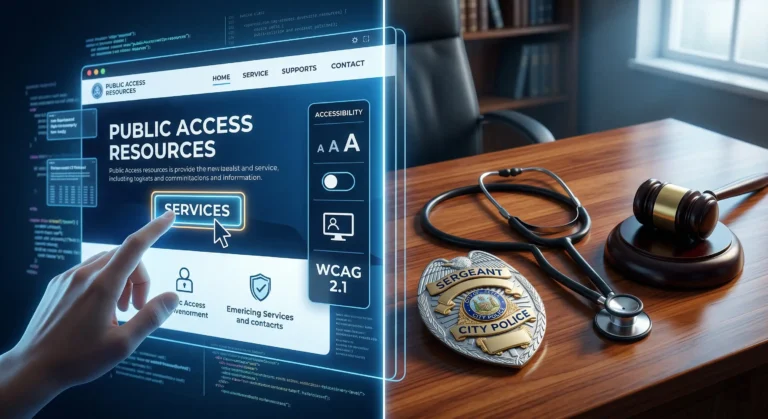 Conceptual illustration of ADA compliance bridging digital web accessibility and law enforcement vision standards.