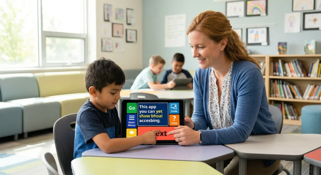 A teacher and student using an accessible educational tablet in a classroom