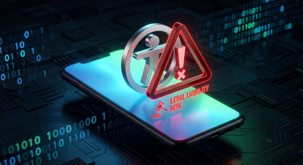 A glowing accessibility widget icon covered by a red warning symbol, representing ADA lawsuit risks