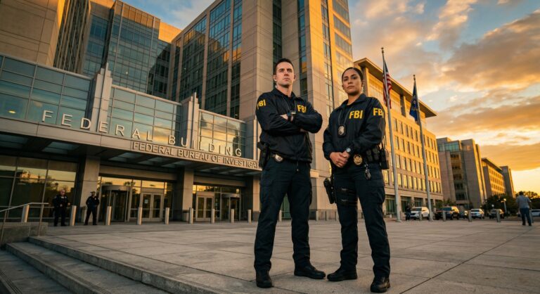 A silhouette of an FBI Special Agent standing in front of a federal building, representing the color vision medical requirements for federal law enforcement.