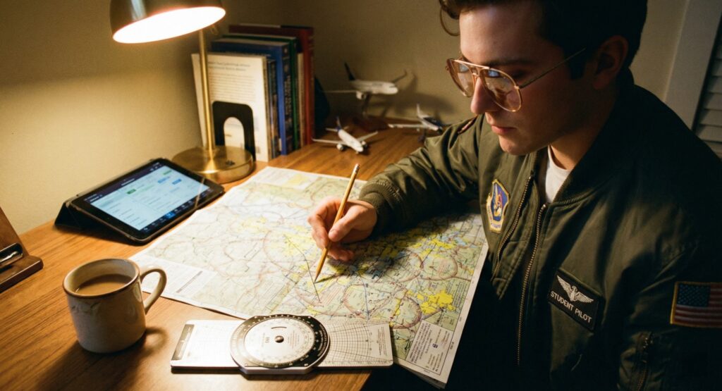 A student pilot wearing color blind glasses to study complex VFR sectional aviation charts at a desk.