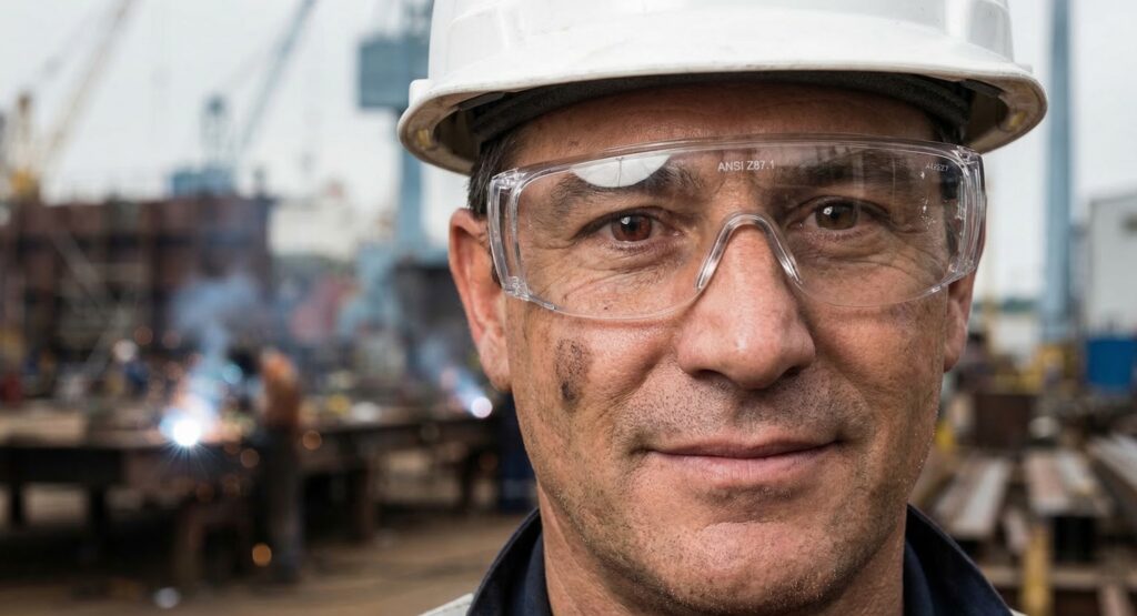Close-up of a shipyard worker wearing occupational colorblind contact lenses under their safety goggles for enhanced workplace vision.