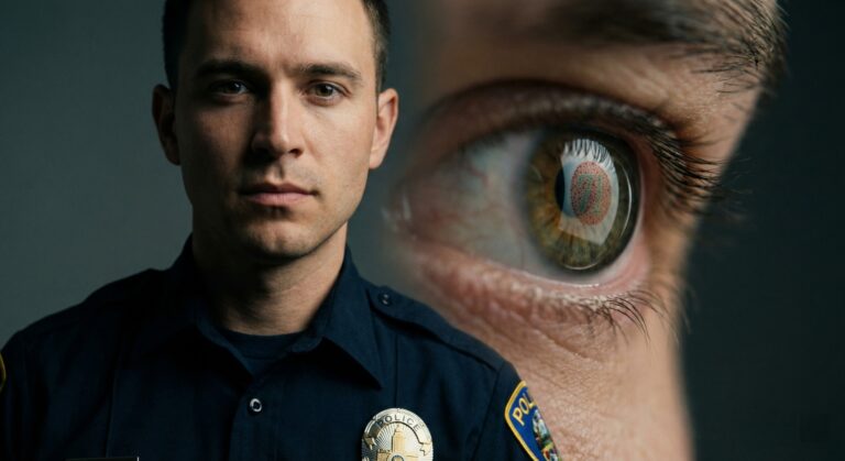 a confident police officer candidate in a crisp uniform who have pass colorblind test by wearing colorblind contacts