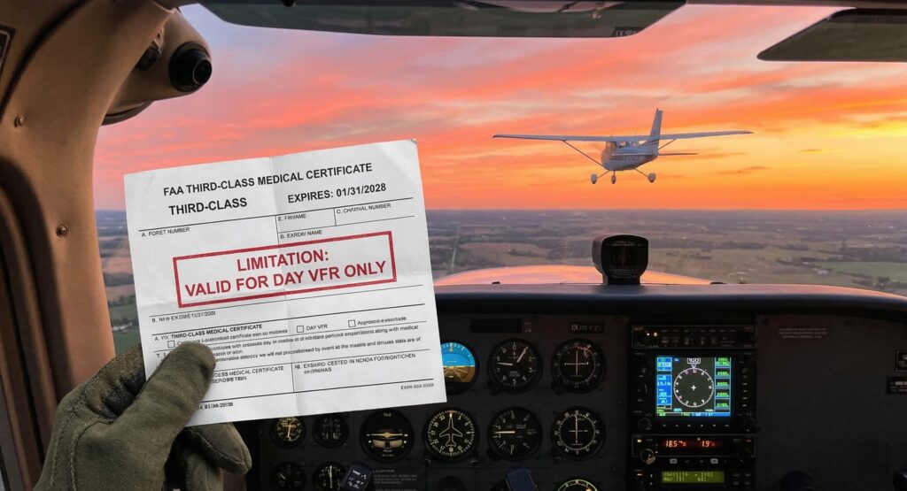 A pilot holding an FAA Third-Class Medical Certificate with a "Day VFR Only" limitation stamp, with a plane flying in clear daylight in the background.