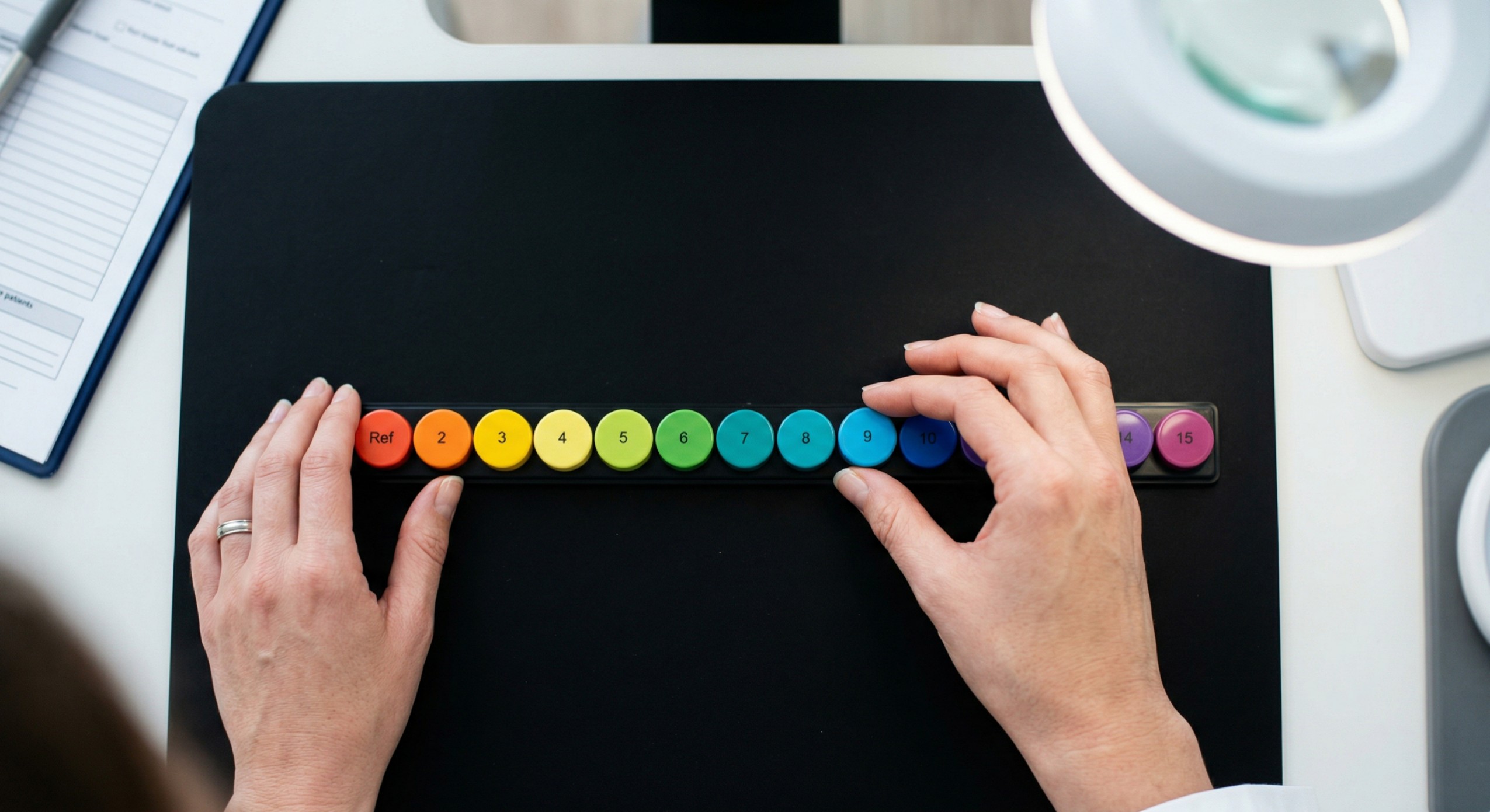 A close-up of hands arranging the colored caps of the Farnsworth D-15 color vision test, a common alternative for police recruits.
