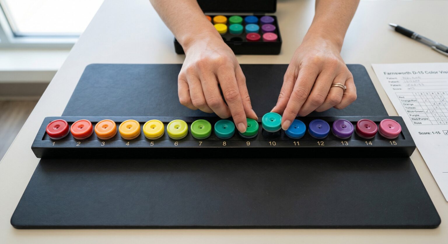 A close-up of a person's hands arranging the Farnsworth D-15 color vision test caps, the accepted backup test for the FBI.