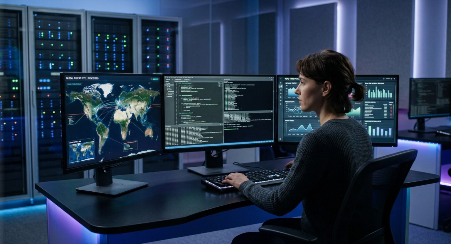 An FBI Intelligence Analyst working at a multi-monitor desk, representing high-paying civilian career paths that do not require perfect color vision.