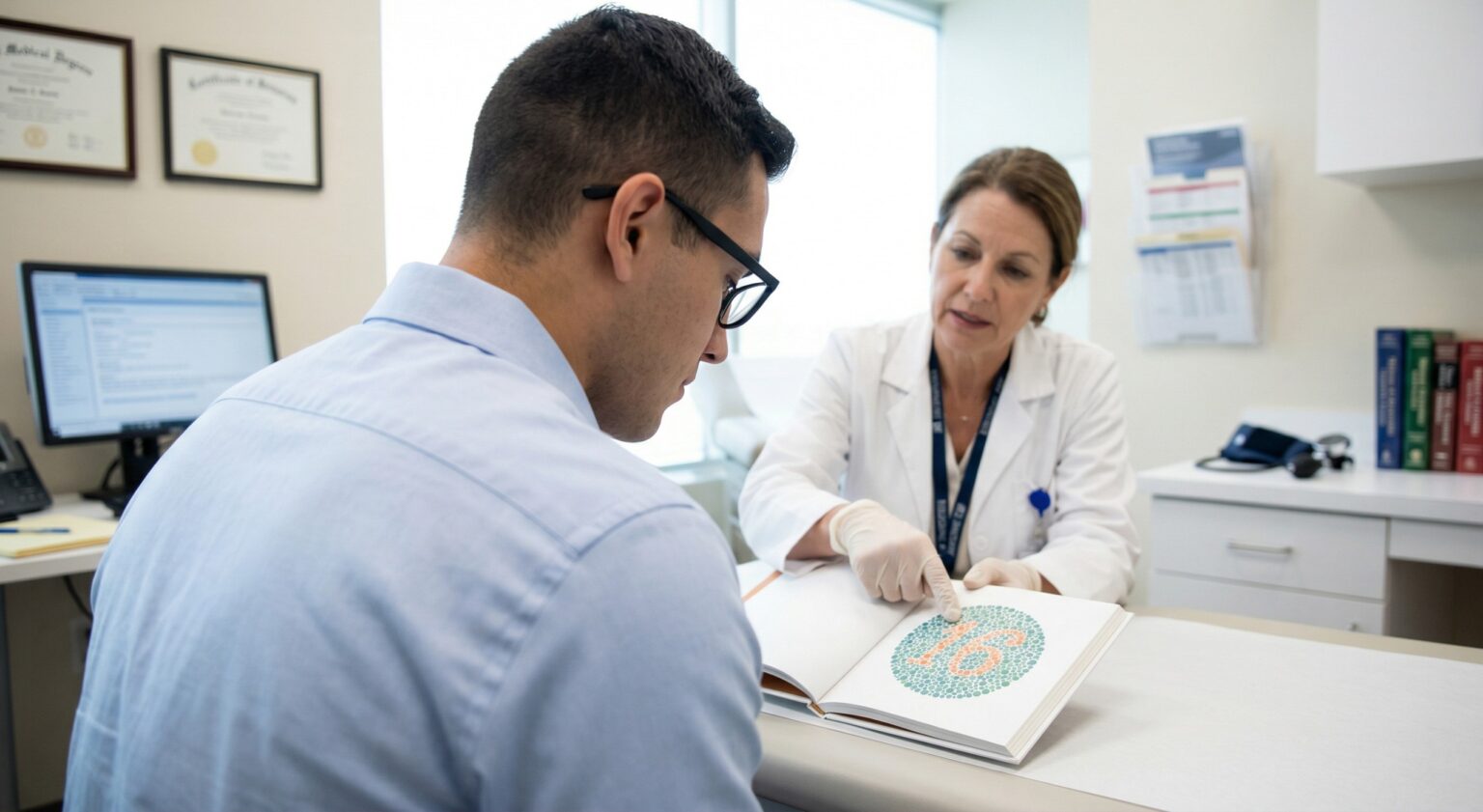 A medical examiner administering the Ishihara color plate test to a federal law enforcement applicant.