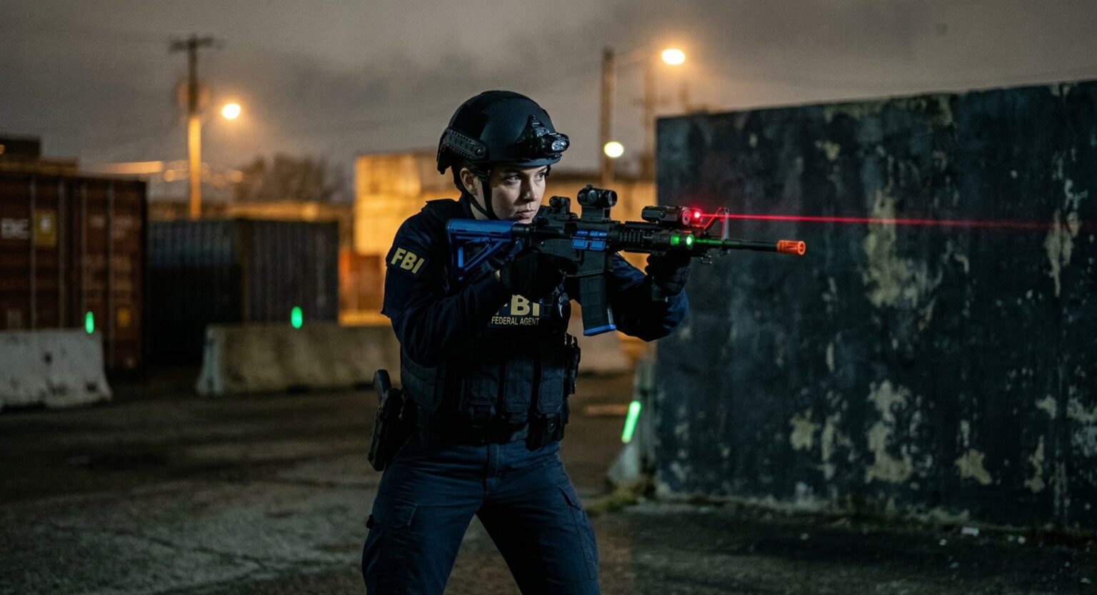 An FBI agent in a tactical situation using a red laser sight, illustrating why color vision is a bona fide occupational qualification.