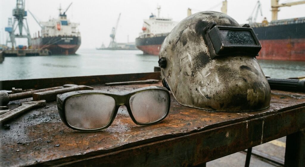 Fogged-up colorblind glasses next to a welding helmet, illustrating the practical challenges of using glasses in maritime environments after passing a color vision test.