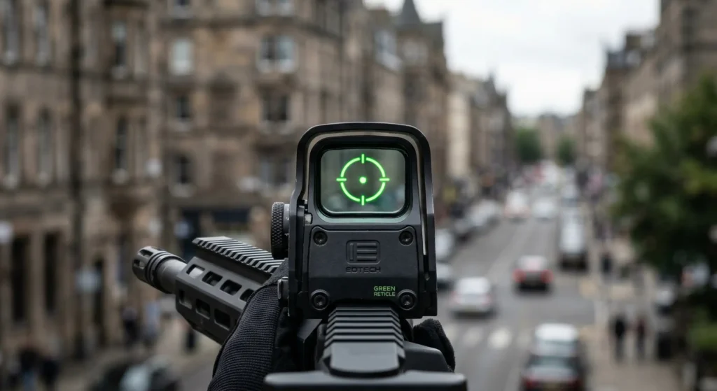 A close-up view through a holographic weapon sight showing a bright green reticle