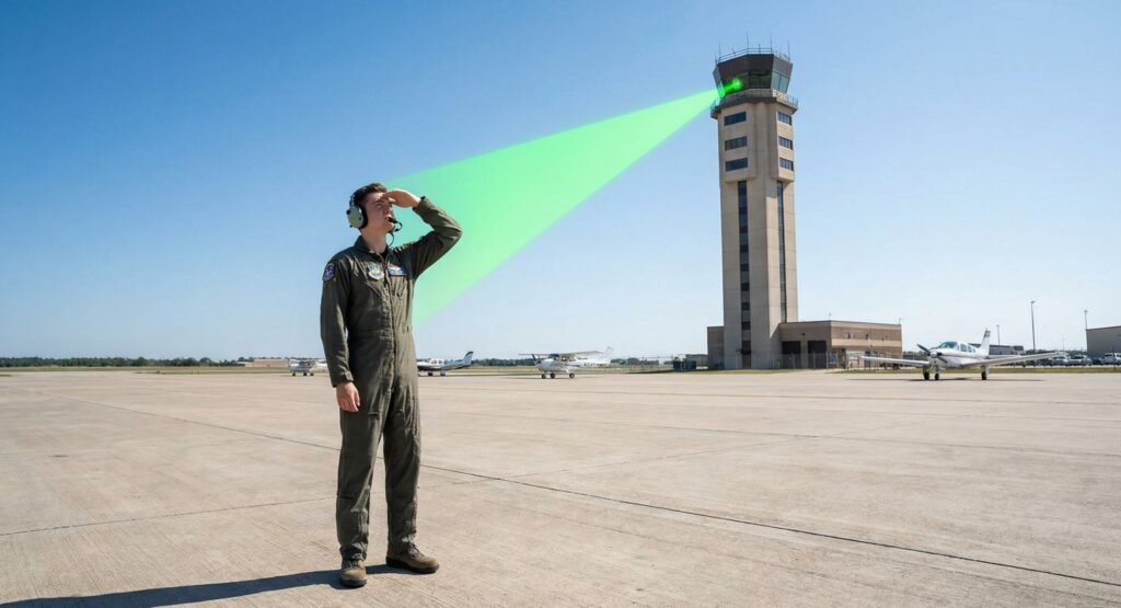 A student pilot taking the FAA Operational Color Vision Test by identifying a green light gun signal from the control tower.