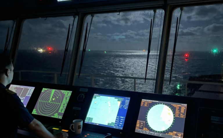 navigation lights red green port starboard ship bridge night view