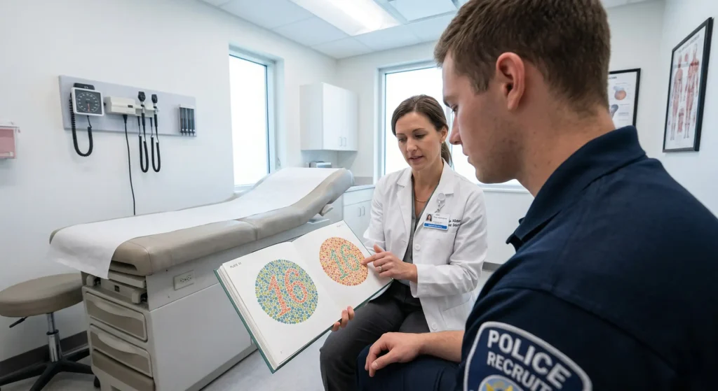 A medical examiner administering the Ishihara color plate test to a police recruit.