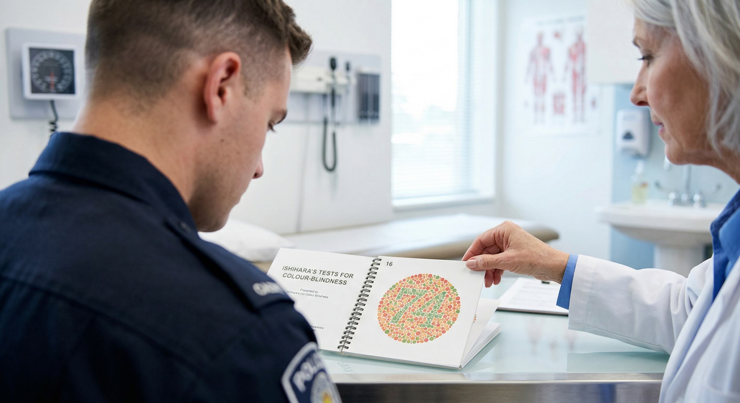A close-up of a police candidate taking the Ishihara color blind dot test during a medical exam.
