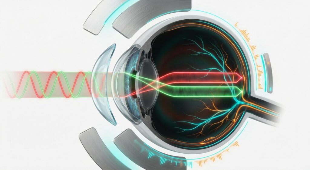 Beams of light in shades of red and green pass through a thin, transparent contact lens