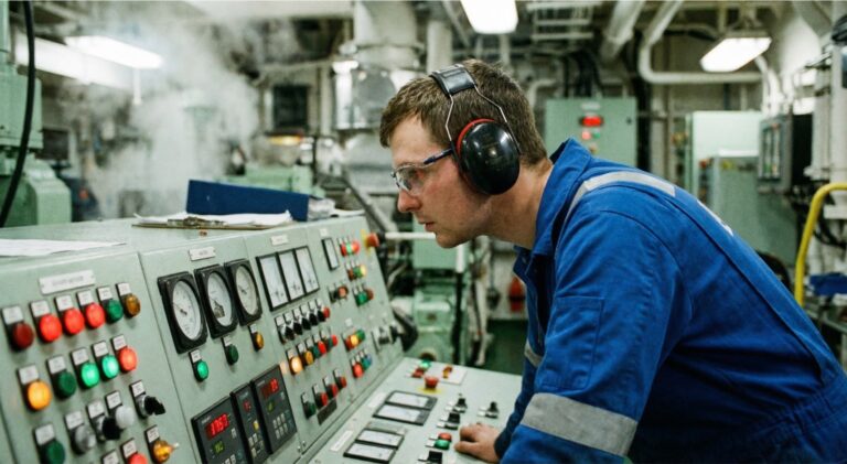 Close-up of a shipyard worker wearing occupational colorblind contact lenses under their mandatory ANSI-rated safety goggles, demonstrating seamless PPE integration.