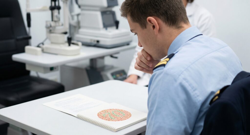 A student pilot taking the standard Ishihara color blind test at an eye doctor's office.