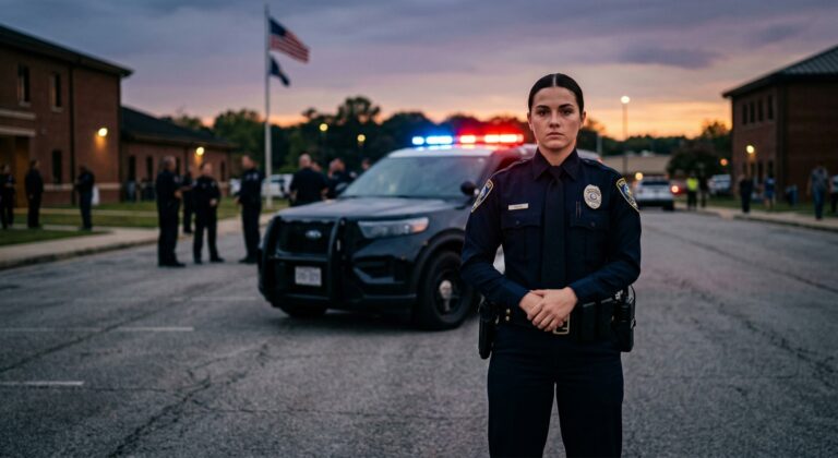 A determined police recruit looking confidently toward a police cruiser with glowing red and blue lights, representing the law enforcement color vision test.