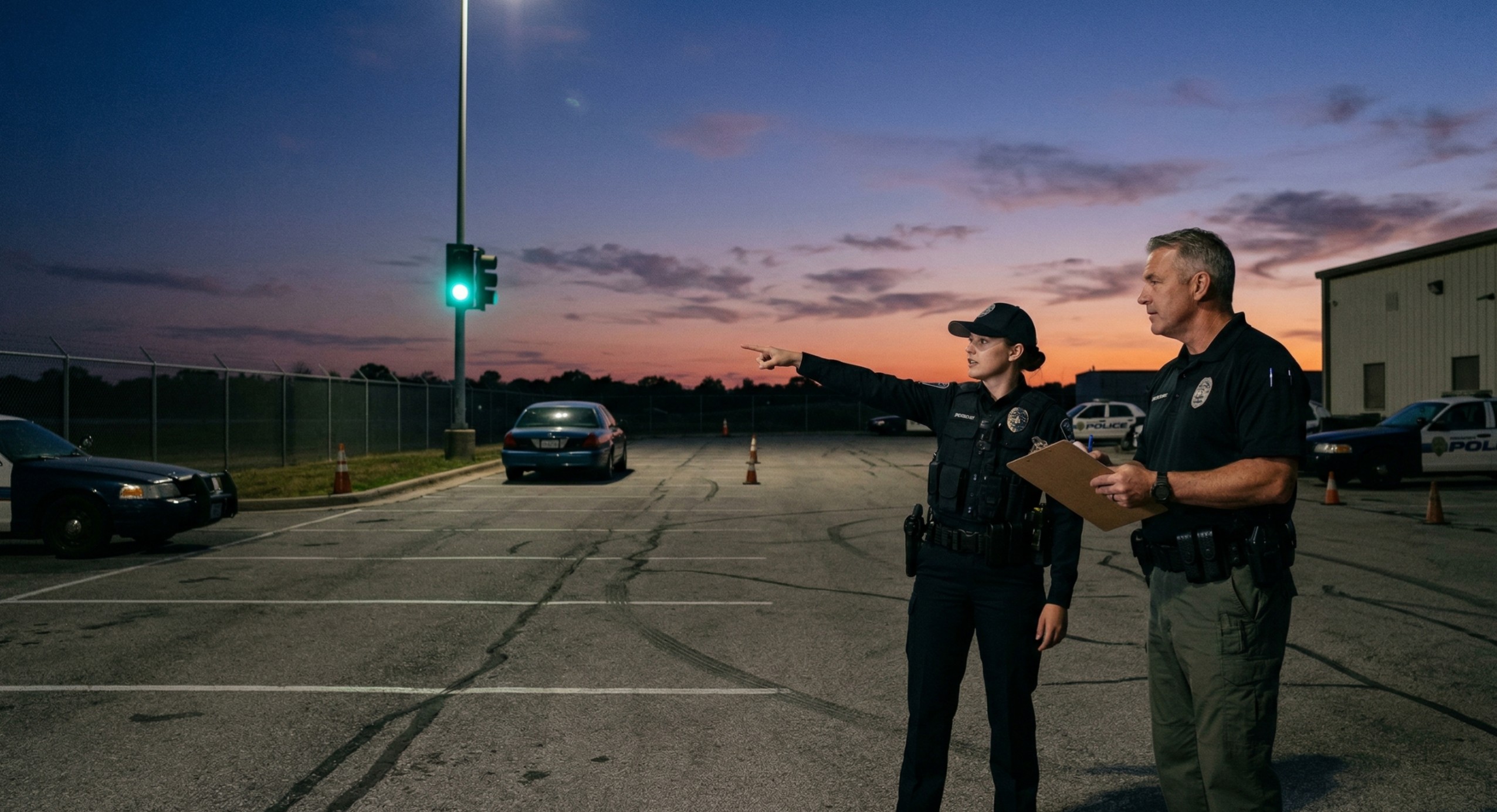 A police recruit taking a practical field test at night, observing traffic lights and vehicle colors to prove functional color vision.