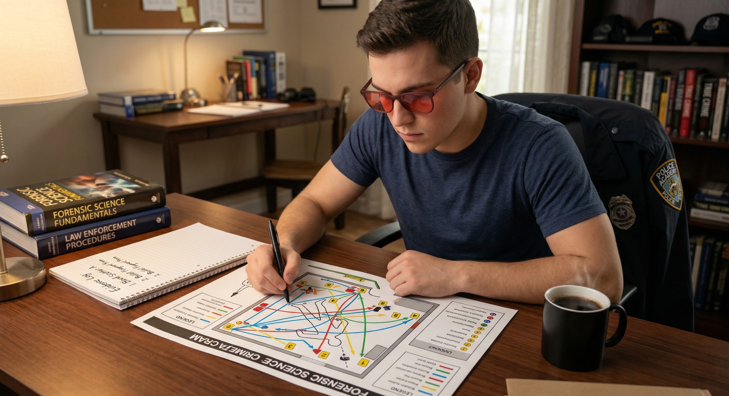 A police academy recruit wearing Colorkinds colorblind glasses while studying a color-coded crime scene diagram at a desk.