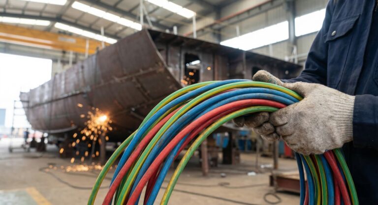 a marine electrician identifying color-coded wires during a shipyard