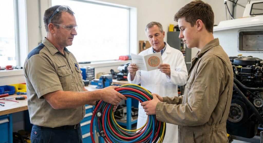 Close-up of a marine electrician identifying color-coded wires during a shipyard practical color vision test