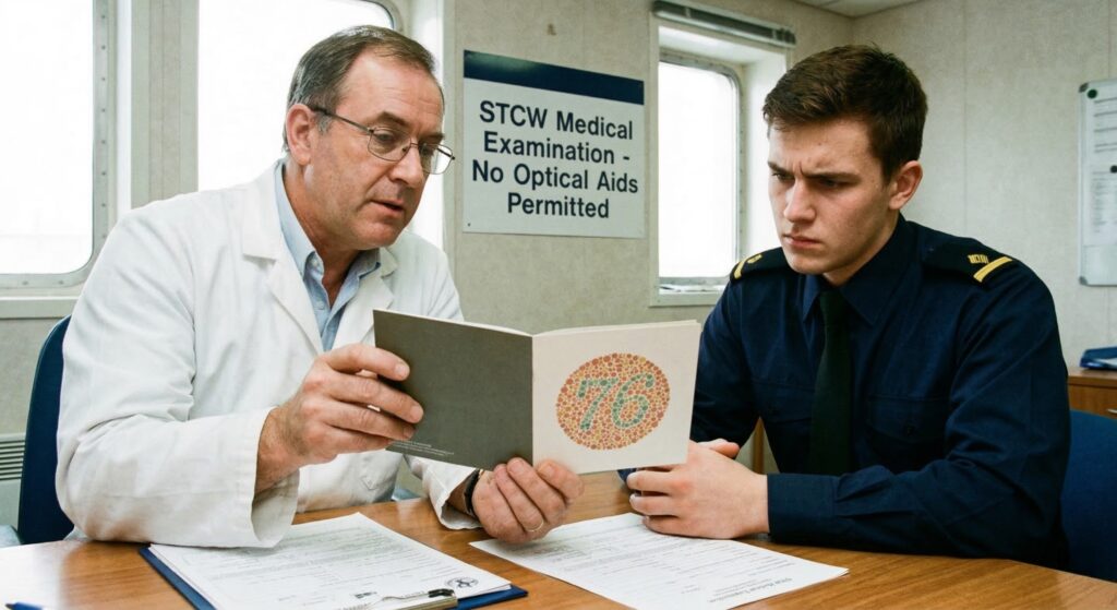 A merchant navy candidate taking an STCW medical Ishihara color vision test without the use of color-correcting glasses, as per international maritime regulations