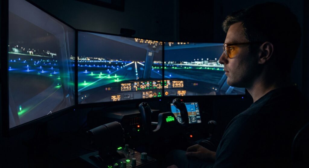 A student pilot wearing color blind glasses while training on a home flight simulator at night.