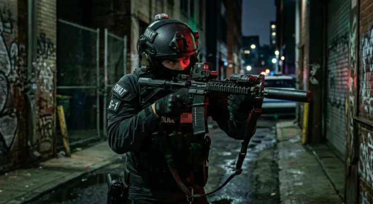 A SWAT operator looking through a tactical weapon sight in a low-light environment, symbolizing the critical nature of color vision requirements in law enforcement.