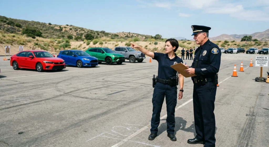An officer taking a practical field test, identifying colored vehicles in a parking lot.