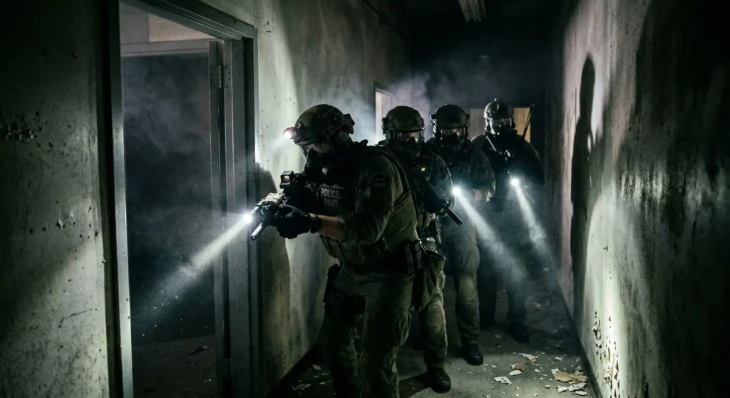 A SWAT team conducting a low-light room clearing operation, highlighting the need for high-contrast vision