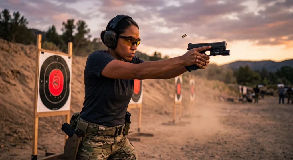 A tactical officer wearing specialized tinted glasses demonstrating visual proficiency at a shooting range.