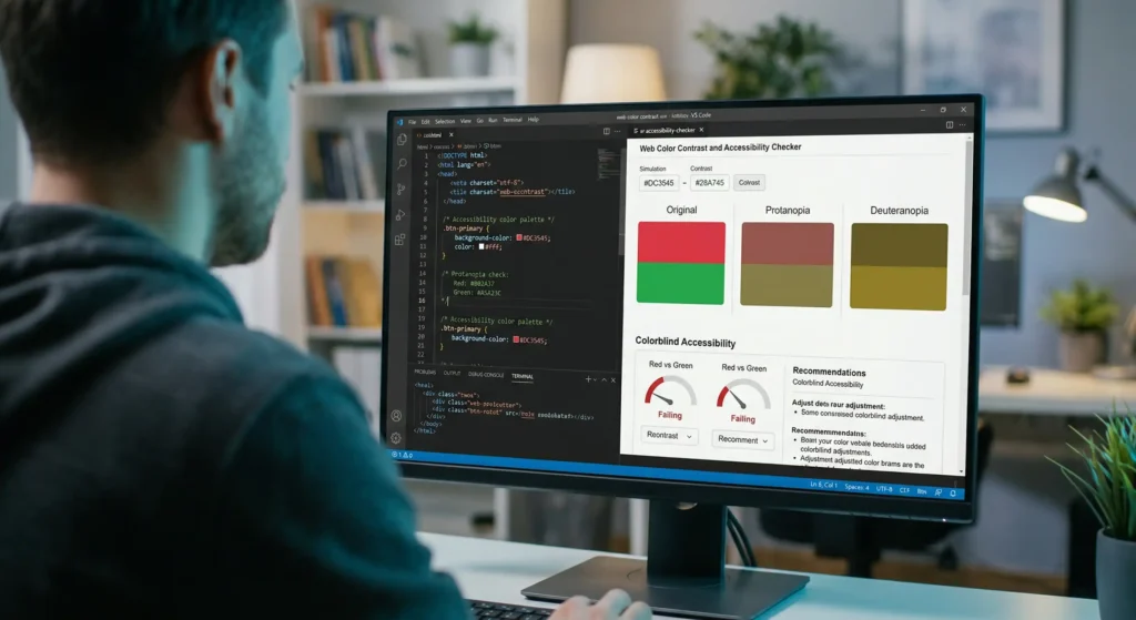 A developer checking website color contrast for visually impaired and colorblind users.