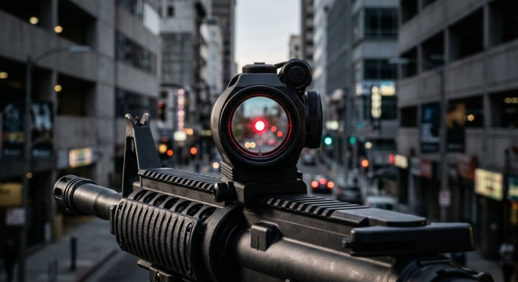 A close-up of a tactical police rifle equipped with an illuminated red dot optic sight