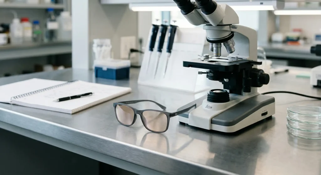 A pair of red-tinted colorblind glasses resting on a lab bench next to a microscope
