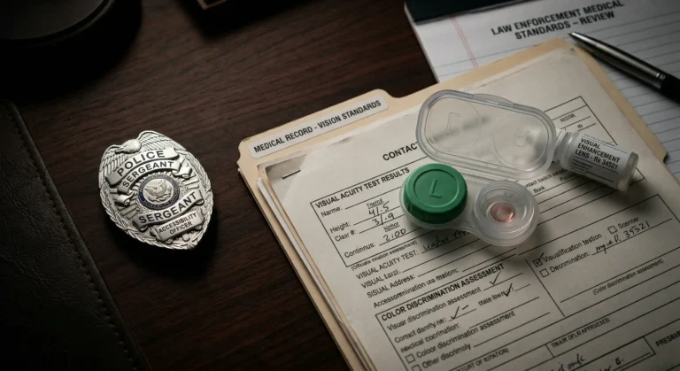 A law enforcement badge resting near a pair of tinted contact lenses and a medical file