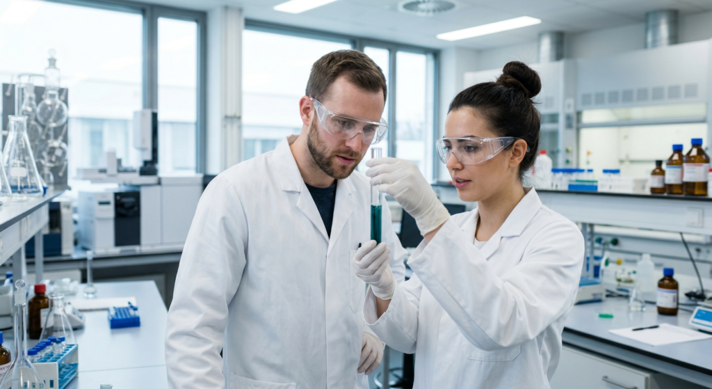 Two scientists looking at a chemical test tube together, representing collaborative verification.
