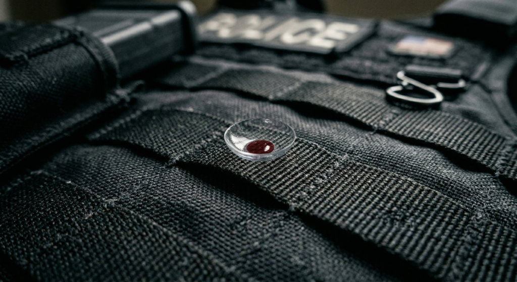 A single red-tinted contact lens resting on a tactical police vest
