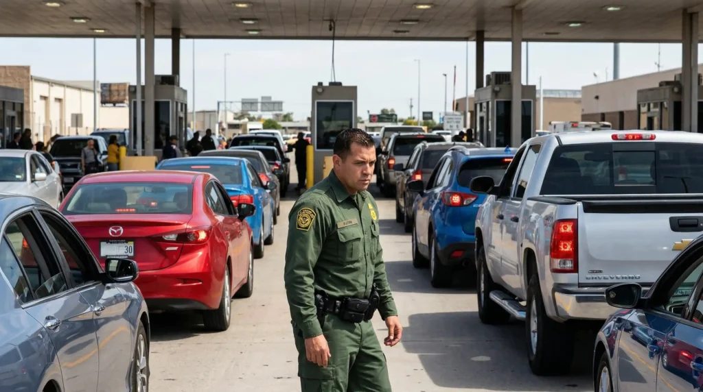 A U.S. Customs and Border Protection officer observing a line of vehicles at a checkpoint
