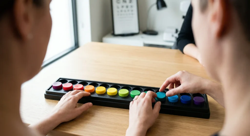 A person arranging colored caps during a Farnsworth D-15 color vision test