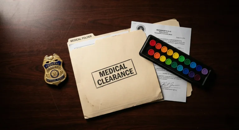  A federal law enforcement badge resting on a desk next to an open medical file and a Farnsworth D-15 color vision test.