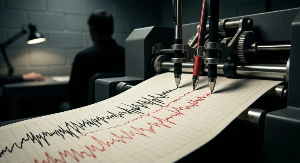 A polygraph machine tracing lines on graph paper, symbolizing the integrity required for federal employment.