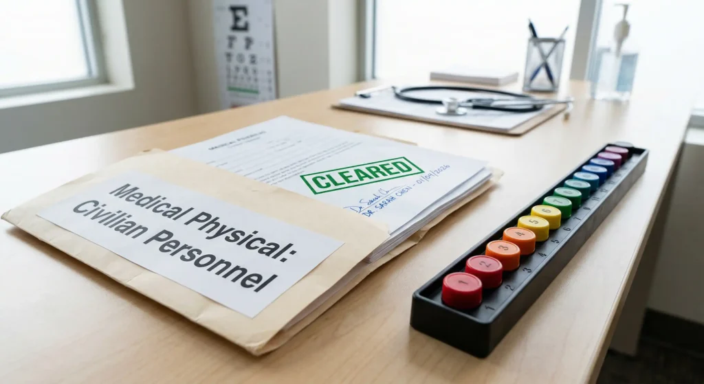 A medical file stamped 'Cleared' next to a Farnsworth D-15 testing kit